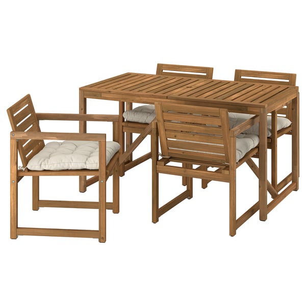 NÄMMARÖ Table+4 chaises accoud, extérieur, teinté brun clair/Kuddarna gris-beige clair, 55 1/8x29 1/2 "