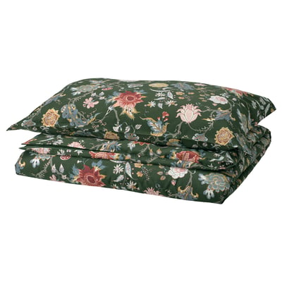 NÄSSELKLOCKA Housse de couette et taie(s), gris-vert foncé/multicolore, 1 place