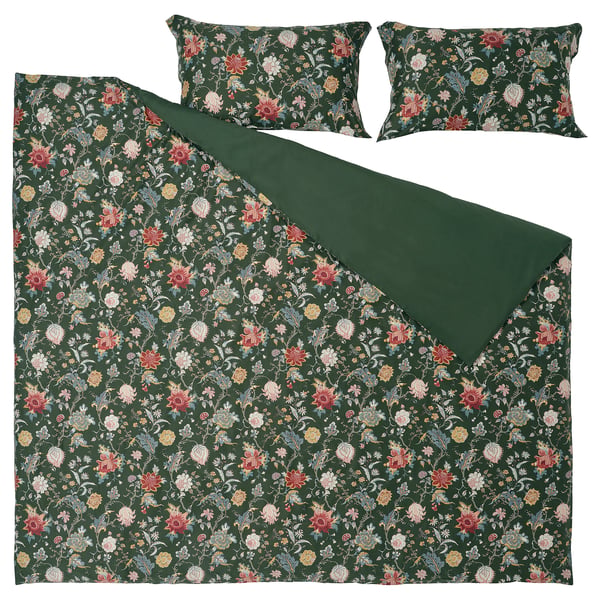 NÄSSELKLOCKA Housse de couette et taie(s), gris-vert foncé/multicolore, 2 places/grand 2 places