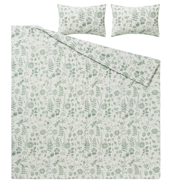 NÅLBJÖRNBÄR Édredon et taie(s) d'oreiller, blanc gris-vert/motif floral, 2 places/grand 2 places