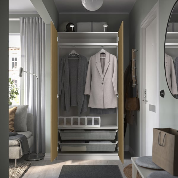 PAX / STORKLINTA Agencement armoire-penderie, blanc/eff chêne, 39 3/8x14 7/8x79 1/4 "