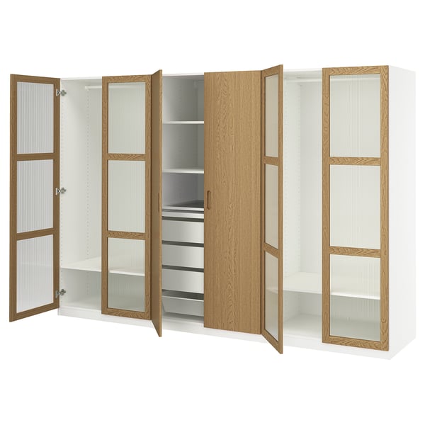 PAX / TONSTAD Agencement armoire-penderie, blanc/chêne plaqué verre, 118 1/8x23 5/8x79 1/4 "