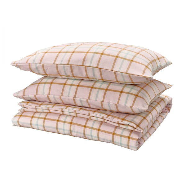 PEROVSKIA Housse de couette et taie(s), rose clair/carreaux, 2 places/grand 2 places