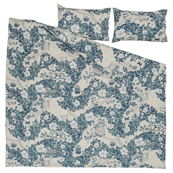 PJÄXE Housse de couette et taie(s), beige clair/motif floral, Très grand 2 places