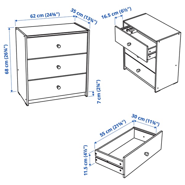 RAST Commode à 3 tiroirs, pin, 24 3/8x26 3/4 "