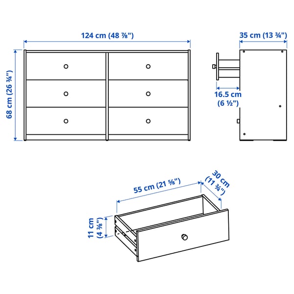 RAST Commode à 6 tiroirs, pin, 48 7/8x26 3/4 "
