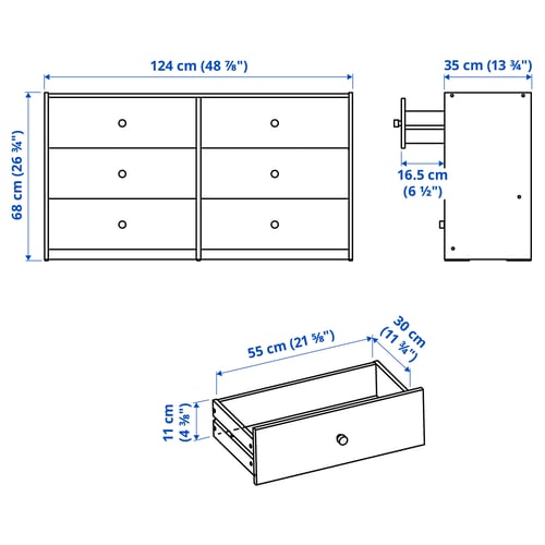 RAST Commode à 6 tiroirs, pin, 48 7/8x26 3/4 "