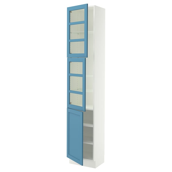 SEKTION Armoire haute 2 ptes vitr/1 pte, blanc/Lerhyttan bleu, 18x15x90 "