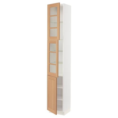 SEKTION Armoire haute 2 ptes vitr/1 pte, blanc/Vedhamn chêne, 15x15x90 "