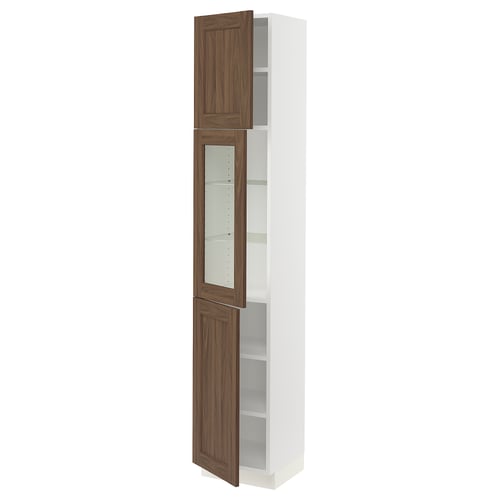 SEKTION Armoire haute pte vitr/2 ptes, blanc Enköping/brun effet noyer, 15x15x80 "