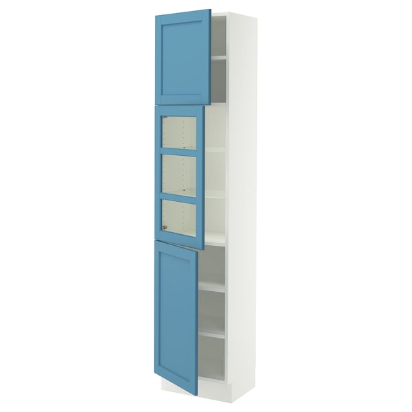 SEKTION Armoire haute pte vitr/2 ptes, blanc/Lerhyttan bleu, 18x15x80 "