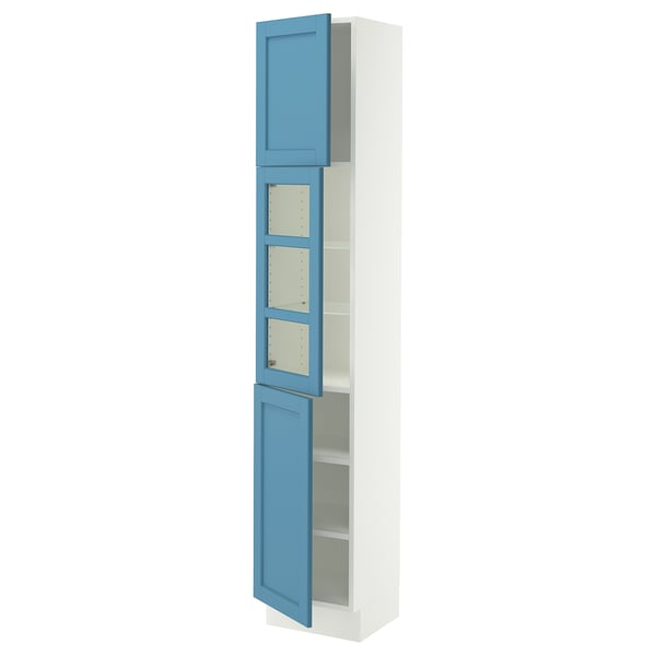SEKTION Armoire haute pte vitr/2 ptes, blanc/Lerhyttan bleu, 15x15x80 "