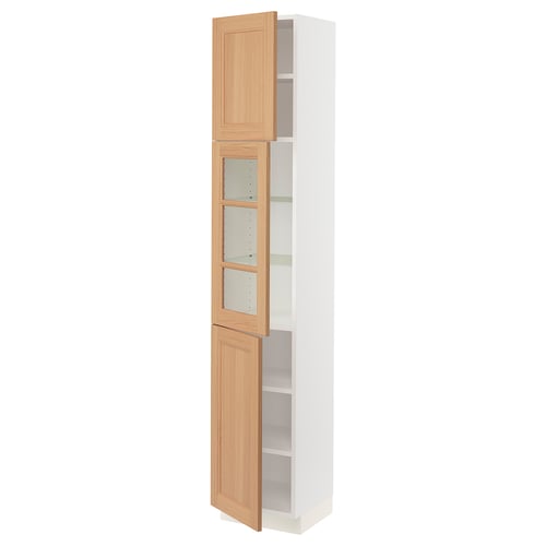 SEKTION Armoire haute pte vitr/2 ptes, blanc/Vedhamn chêne, 15x15x80 "