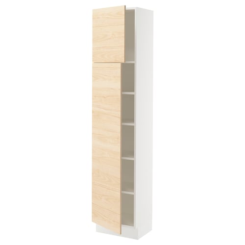 SEKTION Armoire haute + tablette/2ptes, blanc/Askersund effet frêne clair, 18x15x80 "