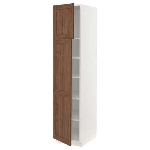SEKTION Armoire haute + tablette/2ptes, blanc Enköping/brun effet noyer, 18x24x80 "