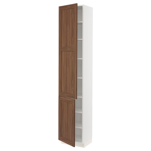 SEKTION Armoire haute + tablette/2ptes, blanc Enköping/brun effet noyer, 18x15x90 "