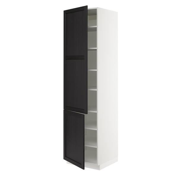 SEKTION Armoire haute + tablette/2ptes, blanc/Lerhyttan teinté noir, 24x24x90 "