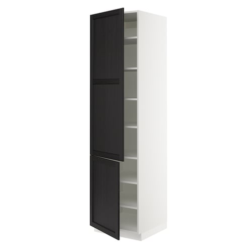 SEKTION Armoire haute + tablette/2ptes, blanc/Lerhyttan teinté noir, 24x24x90 "