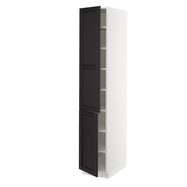 SEKTION Armoire haute + tablette/2ptes, blanc/Lerhyttan teinté noir, 15x24x80 "