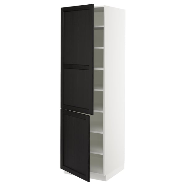 SEKTION Armoire haute + tablette/2ptes, blanc/Lerhyttan teinté noir, 24x24x80 "