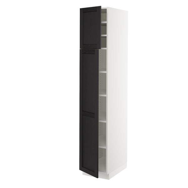 SEKTION Armoire haute + tablette/2ptes, blanc/Lerhyttan teinté noir, 15x24x80 "