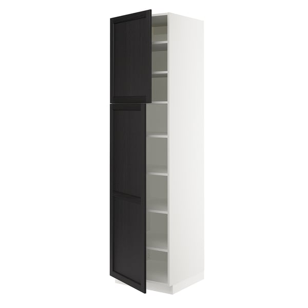 SEKTION Armoire haute + tablette/2ptes, blanc/Lerhyttan teinté noir, 24x24x90 "