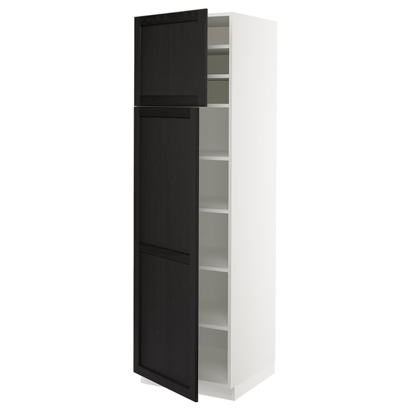 SEKTION Armoire haute + tablette/2ptes, blanc/Lerhyttan teinté noir, 24x24x80 "