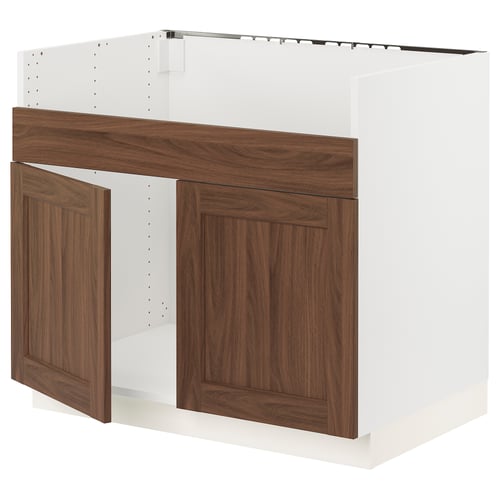 SEKTION Armoire inf pr évier 2 bacs HAVSEN, blanc Enköping/brun effet noyer, 36x24x30 "