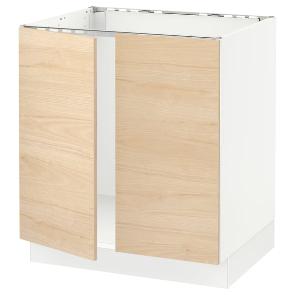 SEKTION Armoire inférieure évier 2 ptes, blanc/Askersund effet frêne clair, 30x24x30 "