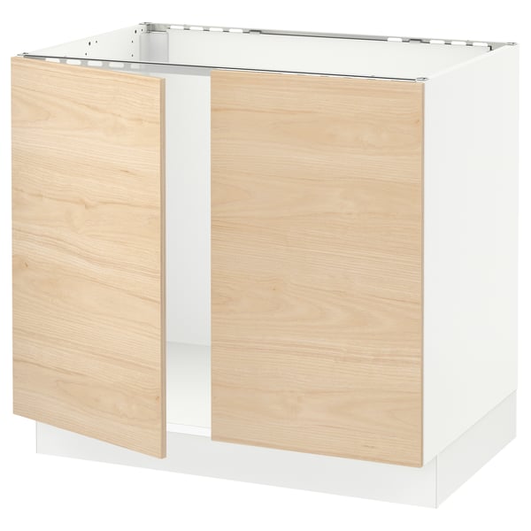 SEKTION Armoire inférieure évier 2 ptes, blanc/Askersund effet frêne clair, 36x24x30 "