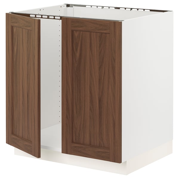 SEKTION Armoire inférieure évier 2 ptes, blanc Enköping/brun effet noyer, 30x24x30 "