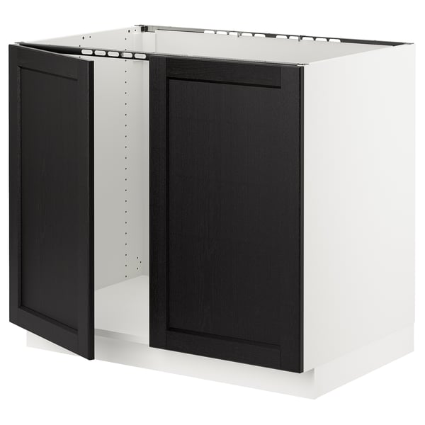 SEKTION Armoire inférieure évier 2 ptes, blanc/Lerhyttan teinté noir, 36x24x30 "