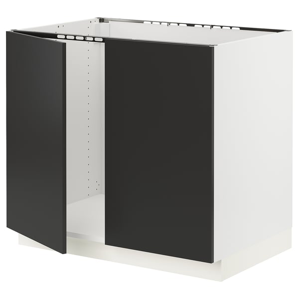 SEKTION Armoire inférieure évier 2 ptes, blanc/Nickebo anthracite mat, 36x24x30 "