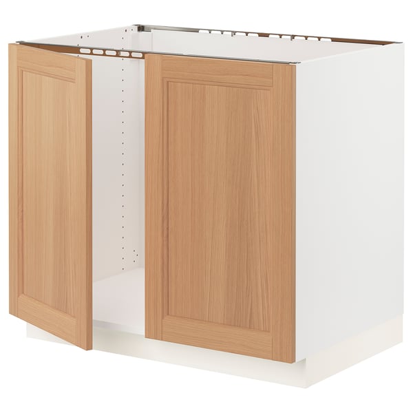 SEKTION Armoire inférieure évier 2 ptes, blanc/Vedhamn chêne, 36x24x30 "