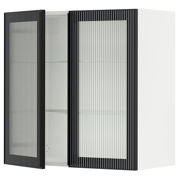 SEKTION Armoire murale 2 portes vitrées, blanc/Hejsta verre cannelé anthracite, 30x15x30 "