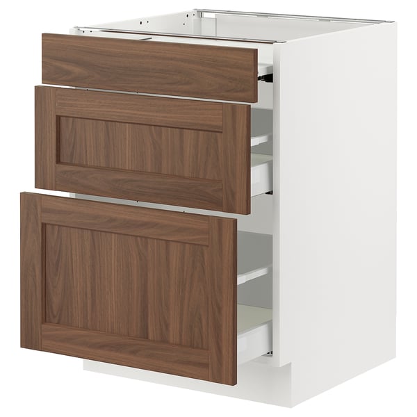 SEKTION / MAXIMERA Arm inf+plan travail couliss/2tir, blanc Enköping/brun effet noyer, 24x24x30 "