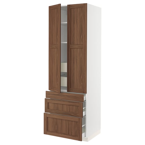 SEKTION / MAXIMERA Armoire haute 2 ptes/3 faces/5 tir, blanc Enköping/brun effet noyer, 30x24x90 "