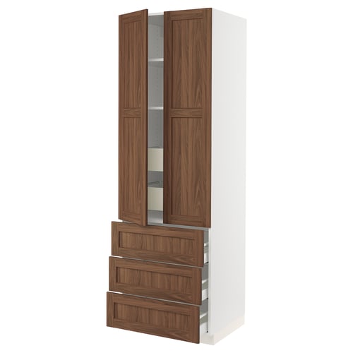 SEKTION / MAXIMERA Armoire haute 2 ptes/3 faces/5 tir, blanc Enköping/brun effet noyer, 30x24x90 "