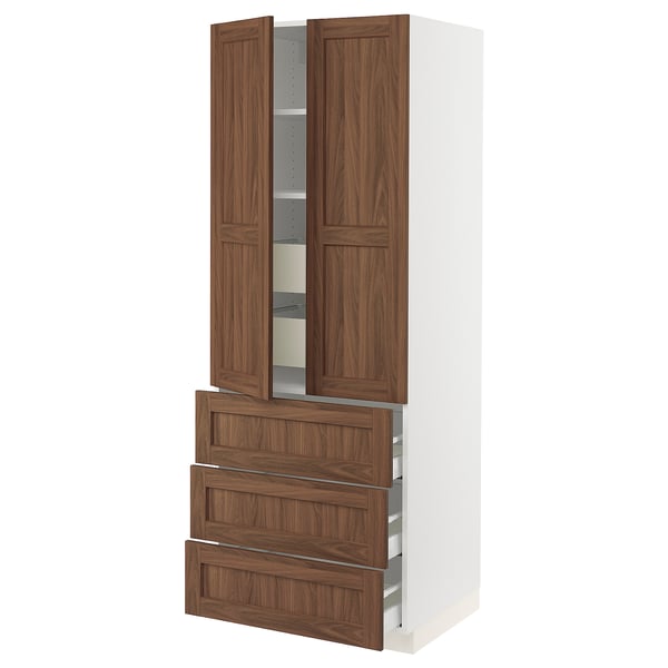 SEKTION / MAXIMERA Armoire haute 2 ptes/3 faces/5 tir, blanc Enköping/brun effet noyer, 30x24x80 "