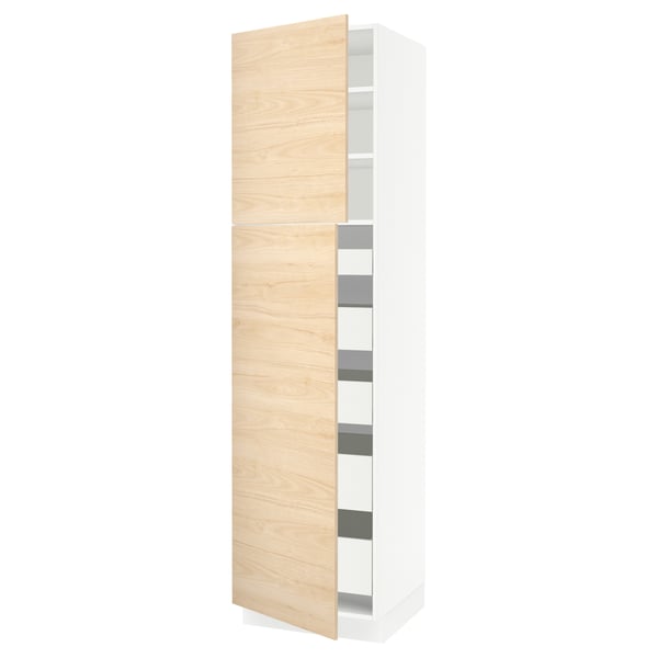 SEKTION / MAXIMERA Armoire haute+2 ptes/tablettes/5tir, blanc/Askersund effet frêne clair, 24x24x90 "