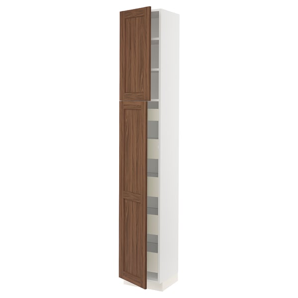 SEKTION / MAXIMERA Armoire haute+2 ptes/tablettes/5tir, blanc Enköping/brun effet noyer, 15x15x90 "