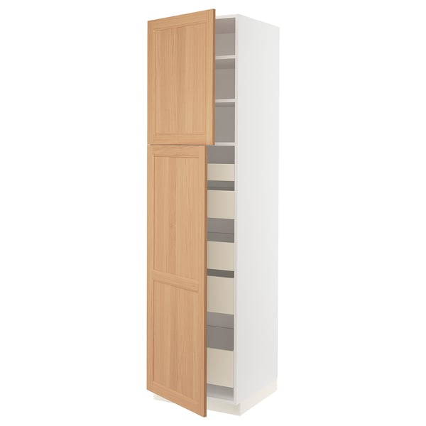 SEKTION / MAXIMERA Armoire haute+2 ptes/tablettes/5tir, blanc/Vedhamn chêne, 24x24x90 "