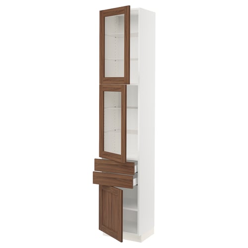 SEKTION / MAXIMERA Armoire haute 2 ptes vitr/2tir/1pte, blanc Enköping/brun effet noyer, 18x15x90 "
