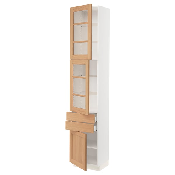 SEKTION / MAXIMERA Armoire haute 2 ptes vitr/2tir/1pte, blanc/Vedhamn chêne, 18x15x90 "