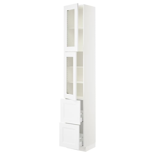SEKTION / MAXIMERA Armoire haute av 2 ptes vitr/2 tir, blanc/Axstad blanc mat, 15x15x90 "