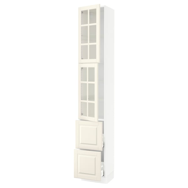 SEKTION / MAXIMERA Armoire haute av 2 ptes vitr/2 tir, blanc/Bodbyn blanc cassé, 15x15x90 "