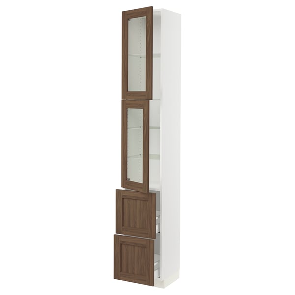 SEKTION / MAXIMERA Armoire haute av 2 ptes vitr/2 tir, blanc Enköping/brun effet noyer, 15x15x90 "