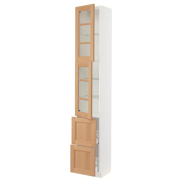 SEKTION / MAXIMERA Armoire haute av 2 ptes vitr/2 tir, blanc/Vedhamn chêne, 15x15x90 "