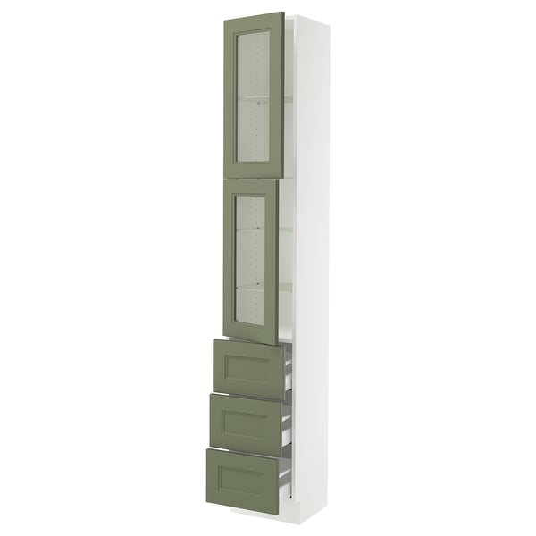 SEKTION / MAXIMERA Armoire haute av 2 ptes vitr/3 tir, blanc/Axstad gris-vert, 15x15x90 "
