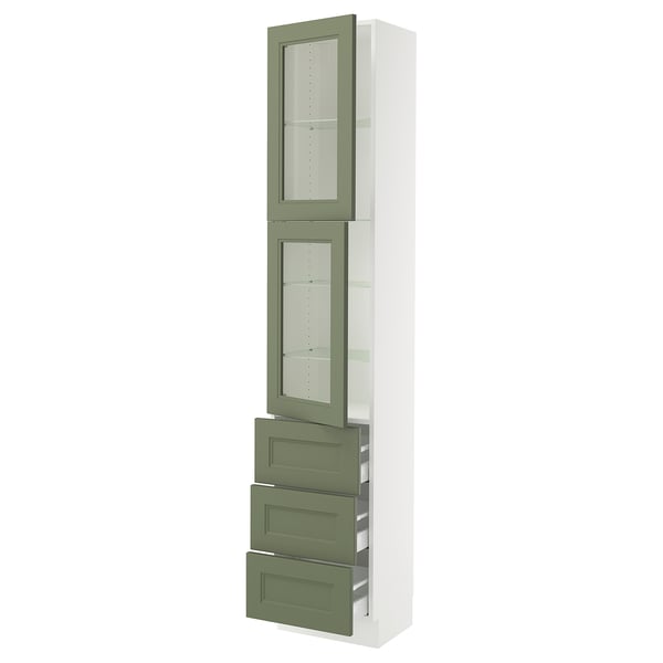 SEKTION / MAXIMERA Armoire haute av 2 ptes vitr/3 tir, blanc/Axstad gris-vert, 18x15x90 "